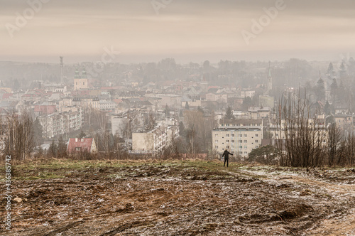 Landscape of Glucholazy covered in the fog under a cloudy sky in Poland photo