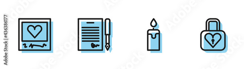 Set line Burning candle, Photo frames hearts, Marriage contract and Lock icon. Vector