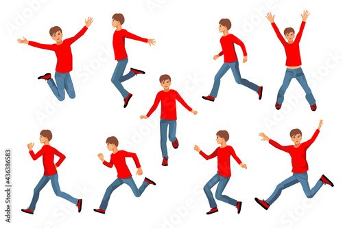 Nine isolated vector figures of a teenager boy running. jumping  dancing  raising hands