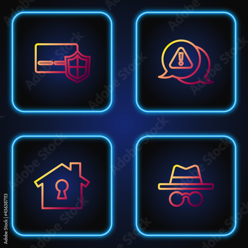 Set line Incognito mode, House under protection, Credit card with shield and Exclamation mark in triangle. Gradient color icons. Vector