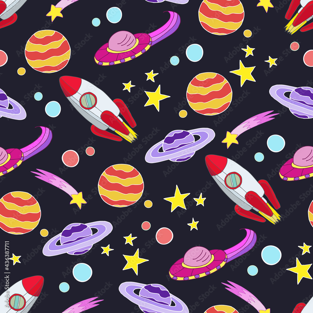 A space-themed pattern: space, UFOs, planets, and a meteor shower. Vector seamless pattern. 
Cartoon drawing. Hand drawing