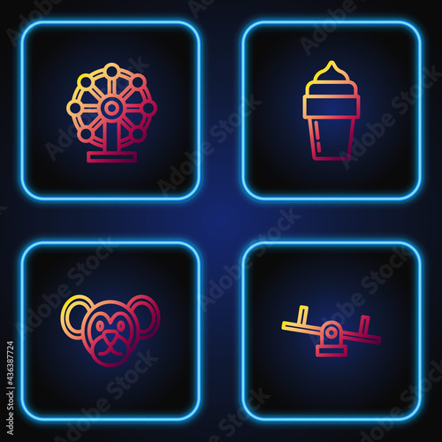 Set line Seesaw, Monkey, Ferris wheel and Ice cream. Gradient color icons. Vector