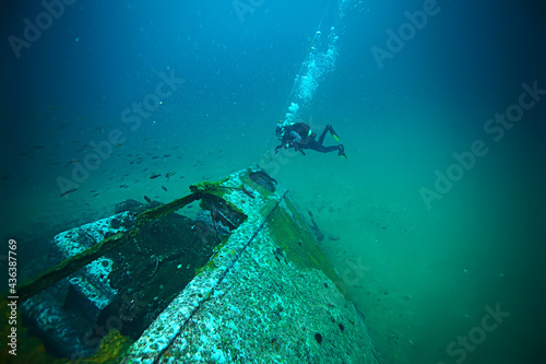shipwreck diving landscape under water, old ship at the bottom, treasure hunt