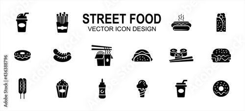 Street food culinary related vector icon user interface graphic design. Contains such icons as drink, beverage, fries, hot dog, taco, kebab, donuts, sausage, noodle, sushi, burger, ice cream, soda