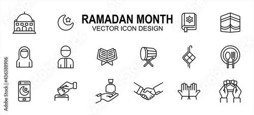 Islam Ramadan month theme related vector icon user interface graphic design. Contains such icons as mosque, moon, star, holy quran, mecca, ka'bah, fasting, drum, giving, pray, prayer, handshake