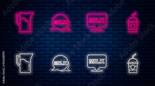 Set line Lettering milk, , Milk jug or pitcher and Milkshake. Glowing neon icon on brick wall. Vector