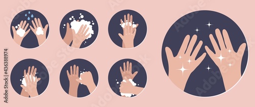 Wash your hands. Infographic steps how washing hands properly. Prevention against virus and infection. . Vector illustration
