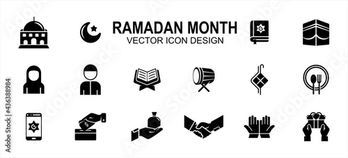 Islam Ramadan month theme related vector icon user interface graphic design. Contains such icons as mosque, moon, star, holy quran, mecca, ka'bah, fasting, drum, giving, pray, prayer, handshake