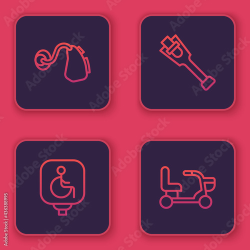 Set line Hearing aid, Disabled wheelchair, Prosthesis leg and Electric. Blue square button. Vector