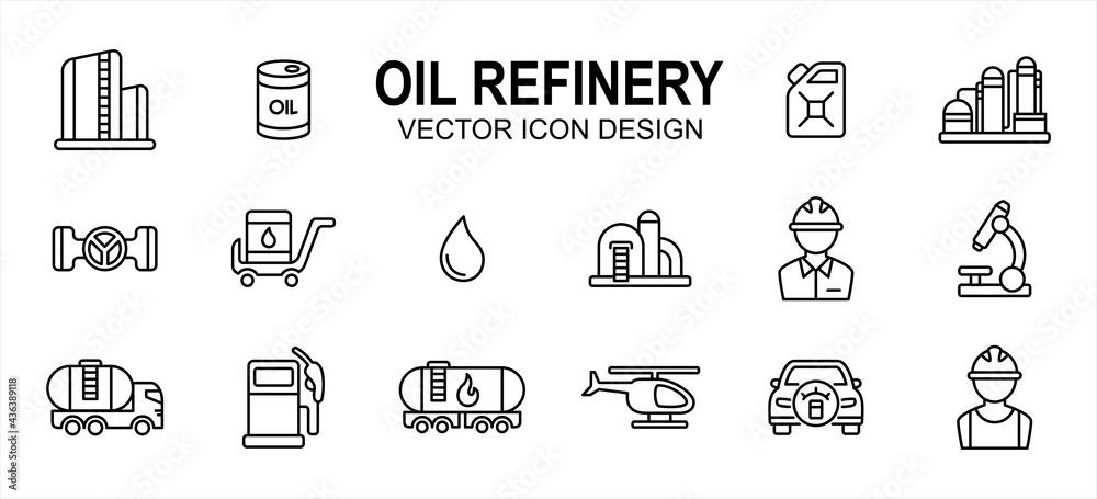 Oil drilling refinery industry related vector icon user interface graphic design. Contains such icons as rig, tower, drill, driller, oil, tank, distillery, pump, truck, pipe, spurt, squirt, valve,