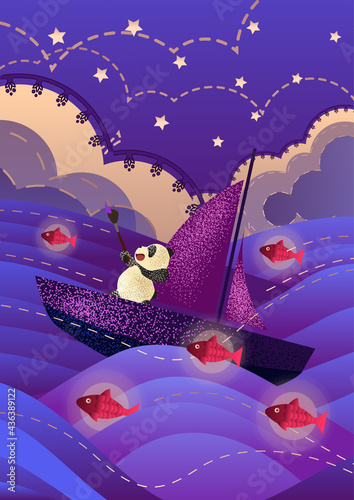 Fairytale  sea background. Traveler panda surrounded by glowing fish in the night. The panda floats on the waves of the night sea. Perfect for postcards, invitations, event banners, packaging. EPS10