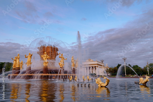 Fountain Friendship of peoples at sunset. Moscow. Russia.