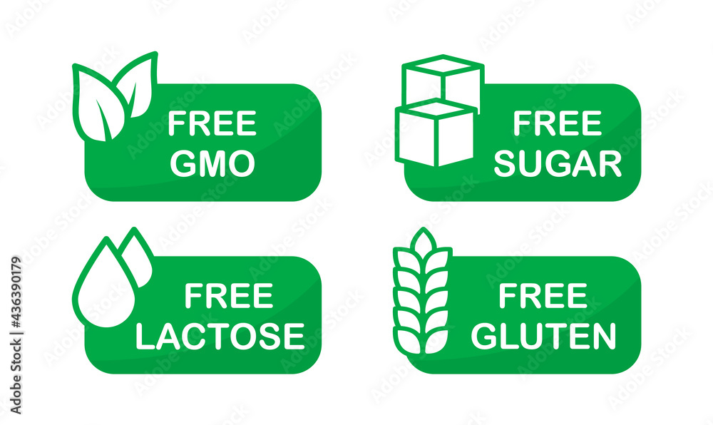 Allergen free label set. Sugar free. Gluten free. GMO free. Lactose free. Natural product and organic food labels. Healthy food sign. Vegan badges. Vector illustration. Allergen free label set. Sugar free. Gluten free. GMO free. Lactose free. Natural product and organic food labels. Healthy food sign. Vegan badges. Vector illustration.