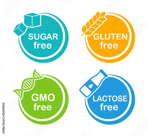 Allergen free label set. Sugar free. Gluten free. GMO free. Lactose free. Natural product and organic food labels. Healthy food sign. Vegan badges. Vector illustration. photo