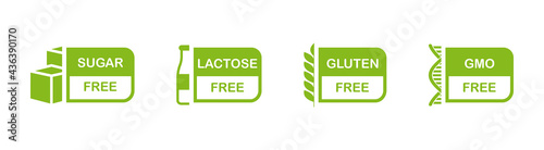 Allergen free label set. Sugar free. Gluten free. GMO free. Lactose free. Natural product and organic food labels. Healthy food sign. Vegan badges. Vector illustration.