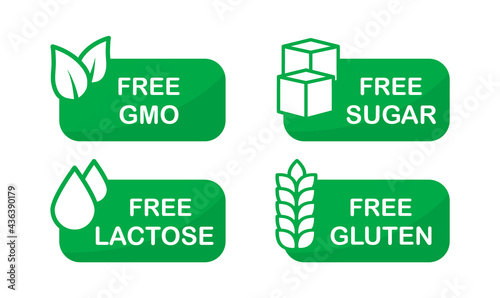Allergen free label set. Sugar free. Gluten free. GMO free. Lactose free. Natural product and organic food labels. Healthy food sign. Vegan badges. Vector illustration.