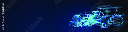 F1. Formula One on blue background. Fast motion concept. Abstract low poly vector 3d F1. Success in competition, rase winner, business win concept. Auto sport, fast automobile symbol