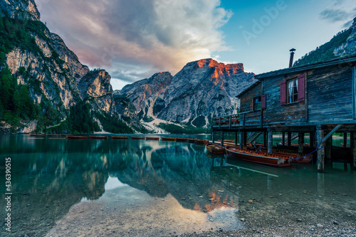 Panoramic view of the Braies Lake in the Dolomites in Italy.