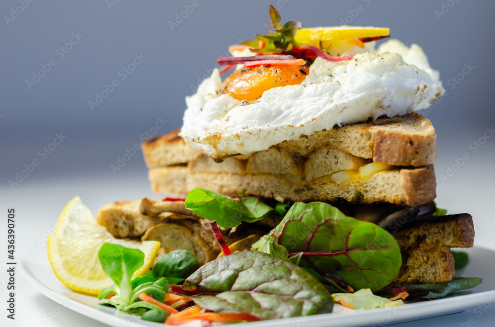 Egg in a cloud on grilled sandwiches with cumberland sausage, tomato and mayonnaise, all served with a fresh salad Egg in a cloud on grilled sandwiches with cumberland sausage, tomato and mayonnaise, all served with a fresh salad