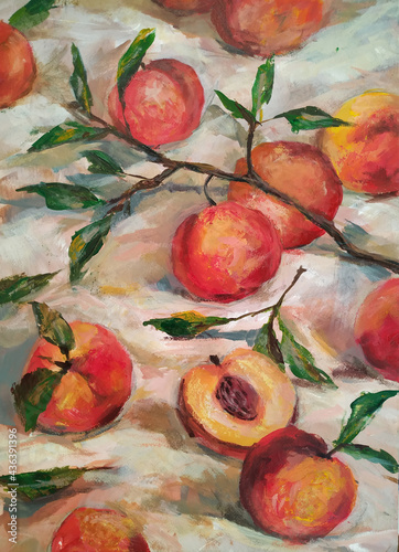 фотографія peach stil life modern artwork. hand painted art