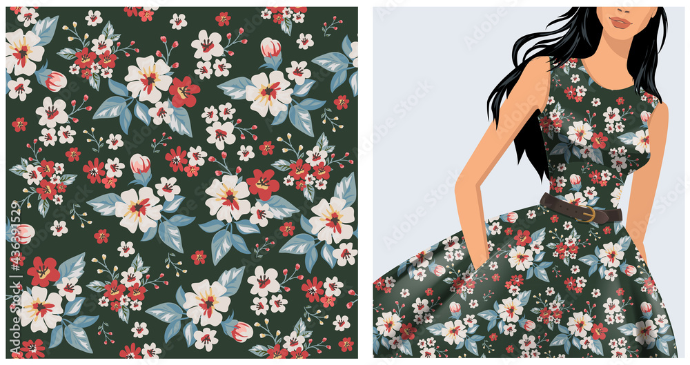 Fototapeta premium Seamless vector vintage floral pattern for gift wrap, fabric, cover and interior design with flowers. And example of usage with mock up pattern 