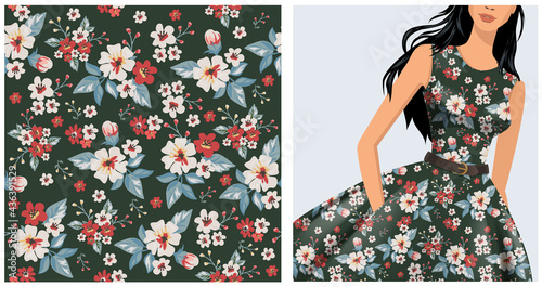 Seamless vector vintage floral pattern for gift wrap, fabric, cover and interior design with flowers. And example of usage with mock up pattern 