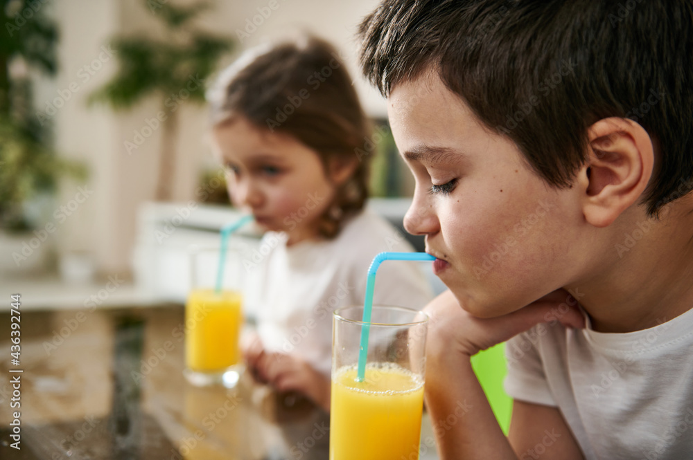 Little boy drinking orange juice, sitting at the table next to his sister blurred on the background Little boy drinking orange juice, sitting at the table next to his sister blurred on the background