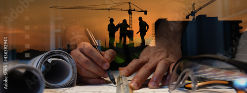 Double exposure of civil engineer silhouette at construction site with building designer working at night in banner site