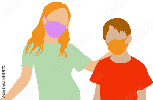 Dos chicos hablando con barbijos. Nueva normalidad. Fondo transparente 