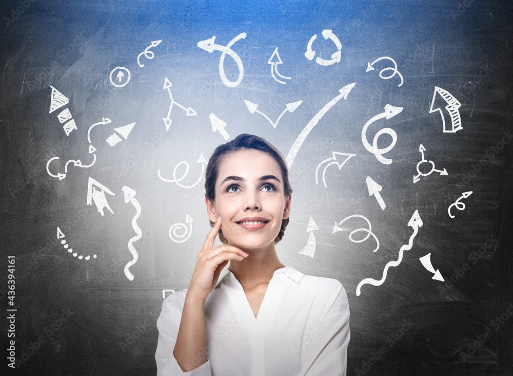 Businesswoman smiling thinking, looking at arrows with different ways, difficult choice