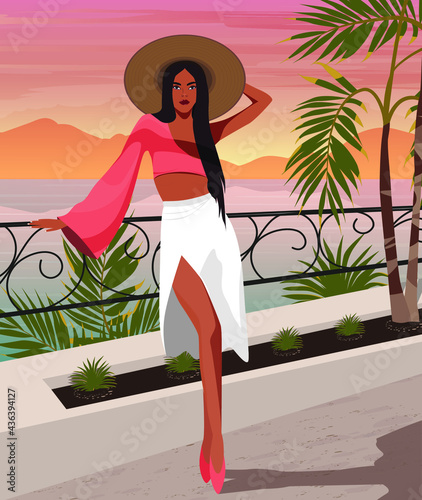 Digital illustration of a beautiful tanned girl in a hat and suit stands on a balcony in the summer on a vacation resort posing against the backdrop of the ocean mountains and palm trees at sunset