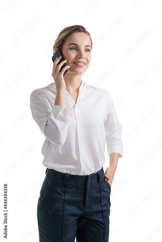 Cheerful young businesswoman on phone, isolated Cheerful young businesswoman on phone, isolated
