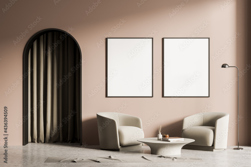 Tender pink pearl living room interior with two armchairs and posters Tender pink pearl living room interior with two armchairs and posters