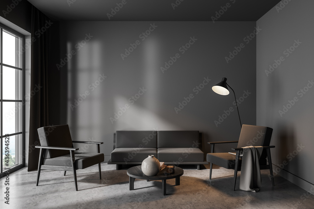 Fototapeta premium Dark living room interior with armchairs and sofa, mockup