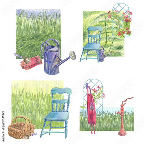 Different arrangements of garden items, grass field and flowers made in the technique of colored pencils. Hand drawn.
