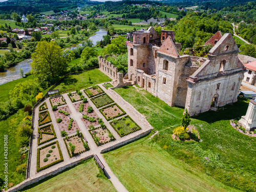 Drone View at Carmelite Monastery  Ruins and Garden in Zagorz, Podkarpackie, Poland.  Summer Day. photo