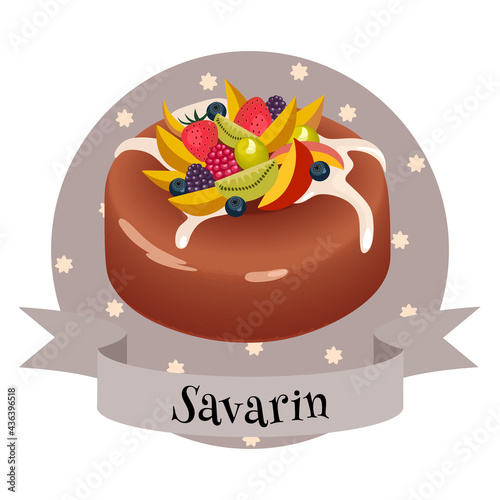 Savarin traditional french dessert with cream and fruits.. Colorful illustration in cartoon style.