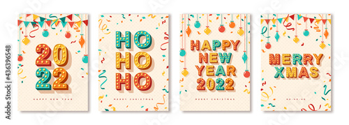 Set of 2022 Merry Christmas and Happy New Year cards or banners with retro typography font design. Vector illustration. Streamers, vintage baubles confetti and hanging flag garlands. Place for text