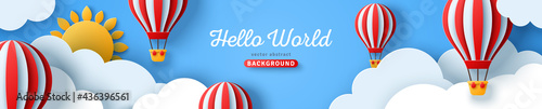 Horizontal banner with blue sky and paper cut clouds. Place for text. Happy summer day sale header or voucher template with sun and hot air balloons.