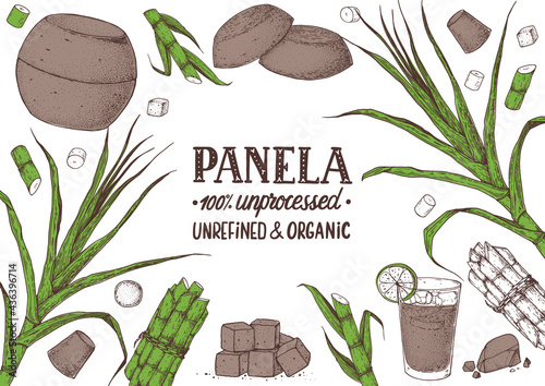 Panela sugar sketch. Hand drawn vector illustration. Vintage design template. Cane sugar. Gur or jggery powder. Organic unrefined. Vintage Design for packaging. photo