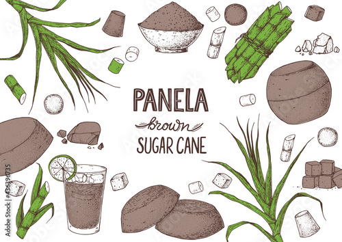 Panela sugar sketch. Hand drawn vector illustration. Vintage design template. Cane sugar. Gur or jggery powder. Organic unrefined. Vintage Design for packaging.