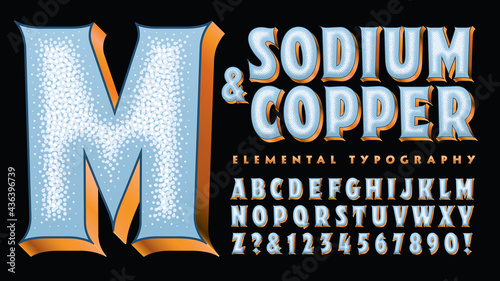 Sodium and Copper Alphabet; a stylized font in blue and metallic copper tones, with 3d effects and a white speckled stippling effect in the interior of the letters.