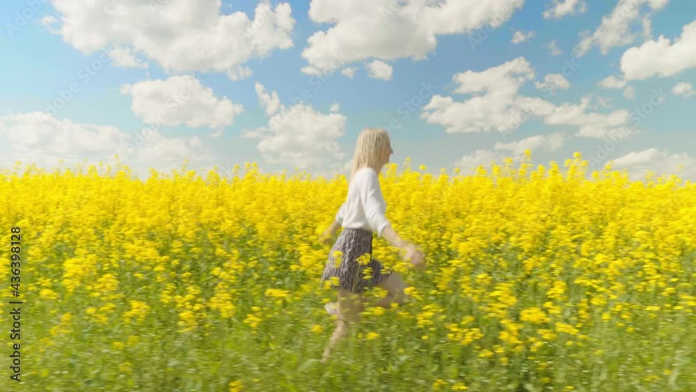 A young blonde Caucasian woman happily walks through a field of rapeseed and touches yellow flowers. Beautiful carefree woman enjoying nature in a blooming field