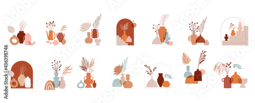 Abstract bohemian art aesthetic design. Arrangements of pottery and ceramic pots, vases with dry leafs, plants, flowers. 