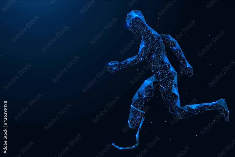 A running person with disabilities. Polygonal construction. Blue background.