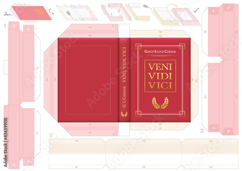 Book safe craft template. Paper model with lid that can be opened. Secret compartment, hiding place for concealing objects. Vector illustration with handicraft instruction.
