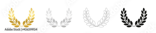 Laurel wreath set, golden, silver, outline and black version. Symbol for triumph, glory, honor, royal power, victory, force, importance or influence. Isolated vector icons on white background.
