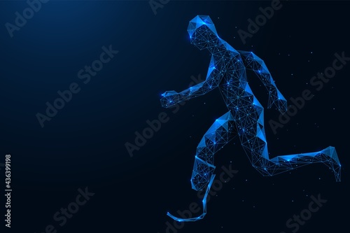 A running person with disabilities. Polygonal construction. Blue background.