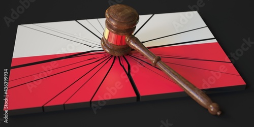 Block with flag of Poland hit by judge's gavel. Court related 3d rendering