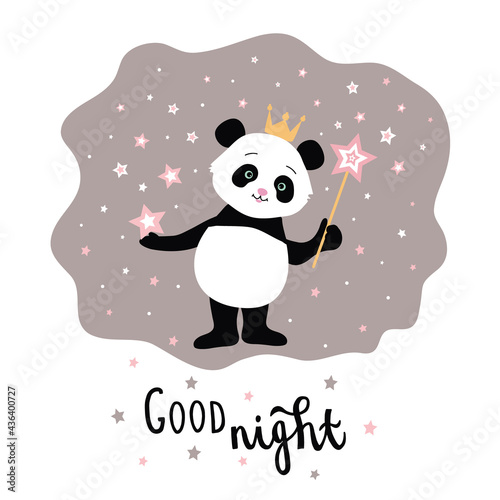 Vector night illustration with cute panda and text "Good night".  Kids poster cute character. Dark background with cartoon panda, stars. Childish poster. Kids room decoration.